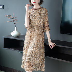 WWM-46303新款轻奢大摆木耳边豹纹印花真丝连衣裙TZW