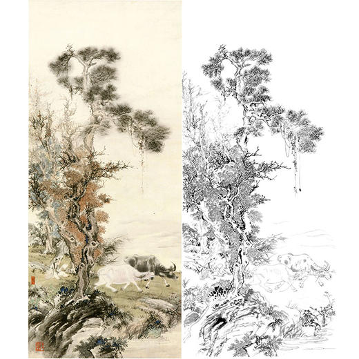 胡也佛竖幅工笔动物白描底稿-《牧牛图》-多种白描尺寸可选-HY37 商品图0