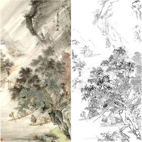 胡也佛竖幅工笔山水人物白描底稿-《暮春渔鱼》-多种白描尺寸可选-HY50
