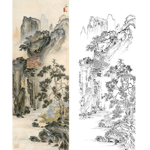 胡也佛竖幅工笔山水白描底稿-《秋山观瀑》-多种白描尺寸可选-HY55 商品图0