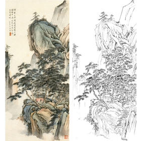 胡也佛竖幅工笔山水白描底稿-《松崖萧寺》-多种白描尺寸可选-HY54