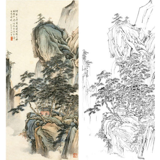 胡也佛竖幅工笔山水白描底稿-《松崖萧寺》-多种白描尺寸可选-HY54 商品图0