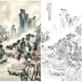 胡也佛竖幅工笔山水人物白描底稿-《松山访友》-多种白描尺寸可选-HY51