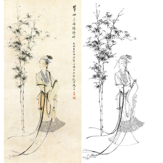 胡也佛竖幅工笔传统仕女人物白描底稿-《翠袖未须倚修竹》-多种白描尺寸可选-HY31 商品图0