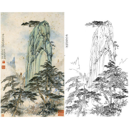 胡也佛竖幅工笔山水白描底稿-《黄山喜鹊登梅峰》-多种白描尺寸可选-HY40 商品图0