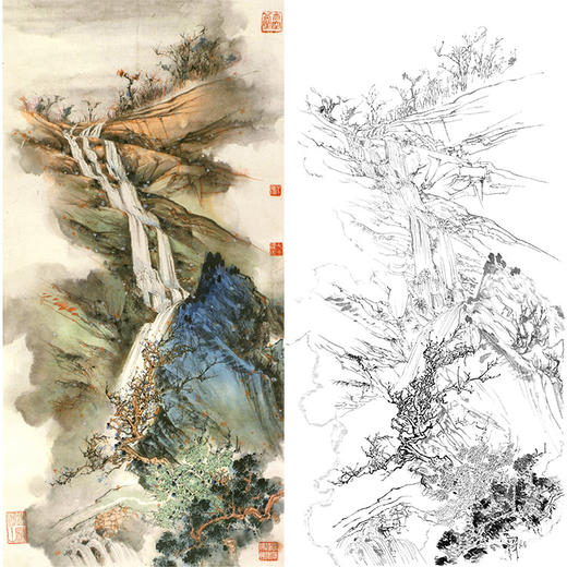 胡也佛竖幅工笔山水白描底稿-《山樑瀑布》-多种白描尺寸可选-HY45 商品图0