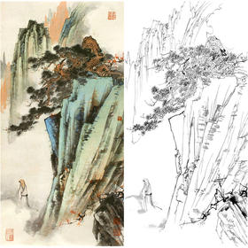 胡也佛竖幅工笔山水人物白描底稿-《观松》-多种白描尺寸可选-HY46