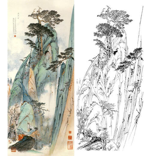 胡也佛竖幅工笔山水人物白描底稿-《蓬莱三岛》-多种白描尺寸可选-HY47 商品图0
