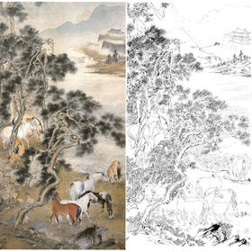 胡也佛竖幅工笔动物白描底稿-骏马《放牧图》-多种白描尺寸可选-HY38