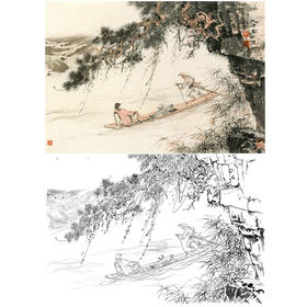 胡也佛横幅工笔山水人物白描底稿-《载书图》-多种白描尺寸可选-HY21
