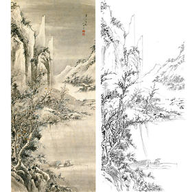 胡也佛竖幅工笔山水白描底稿-《寒江垂钓》-多种白描尺寸可选-HY57