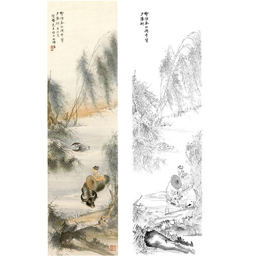 胡也佛竖幅工笔山水人物白描底稿-《柳塘牧童》-多种白描尺寸可选-HY33 商品图0