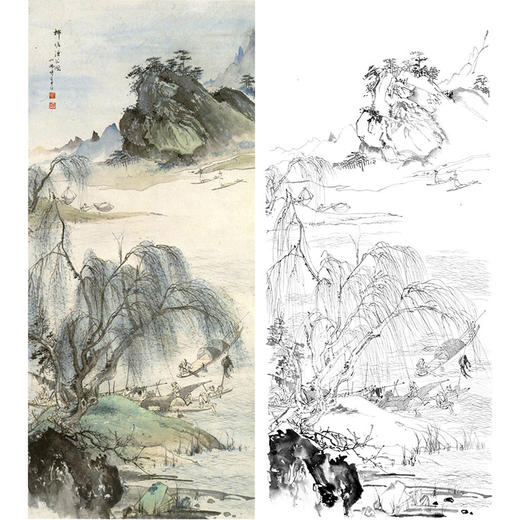 胡也佛竖幅工笔山水人物白描底稿-《柳塘渔夫图》-多种白描尺寸可选-HY56 商品图0