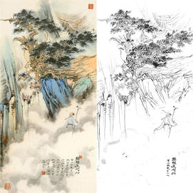 胡也佛竖幅工笔山水人物白描底稿-《鹦鹉展翅松》-多种白描尺寸可选-HY43