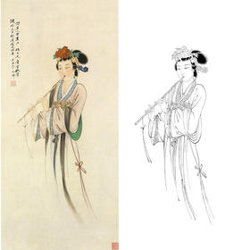 胡也佛竖幅工笔传统仕女人物白描底稿-吹箫仕女-HY28