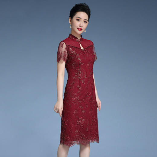MY-92419新款时尚蕾丝短袖中长款宴会礼服改良旗袍连衣裙TZW 商品图1