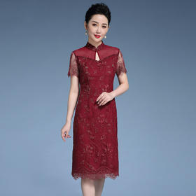MY-92419新款时尚蕾丝短袖中长款宴会礼服改良旗袍连衣裙TZW