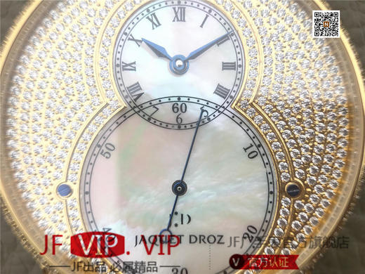 N雅克德罗大秒针系列亅亅J014013226腕表! 烧钢蓝指针 镀18k黄金镶钻！ 贝壳表盘搭配白色钻石 42毫米直径,男士 表壳厚度： 12毫米 商品图7