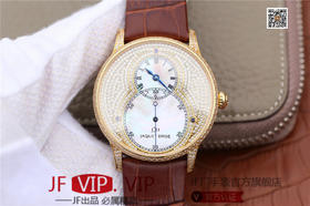 N雅克德罗大秒针系列亅亅J014013226腕表! 烧钢蓝指针 镀18k黄金镶钻！ 贝壳表盘搭配白色钻石 42毫米直径,男士 表壳厚度： 12毫米