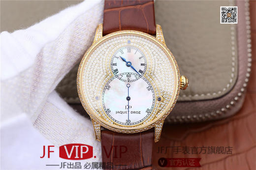 N雅克德罗大秒针系列亅亅J014013226腕表! 烧钢蓝指针 镀18k黄金镶钻！ 贝壳表盘搭配白色钻石 42毫米直径,男士 表壳厚度： 12毫米 商品图0