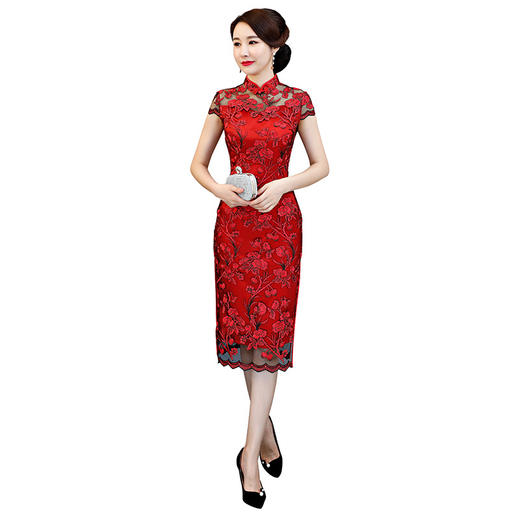 YSD-05996新款蕾丝修身性感镂空中国风时尚绣花旗袍 商品图4