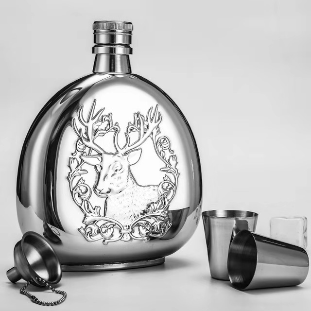 「百诚不锈钢酒壶」鹿头镜光压花酒壶  外贸酒具