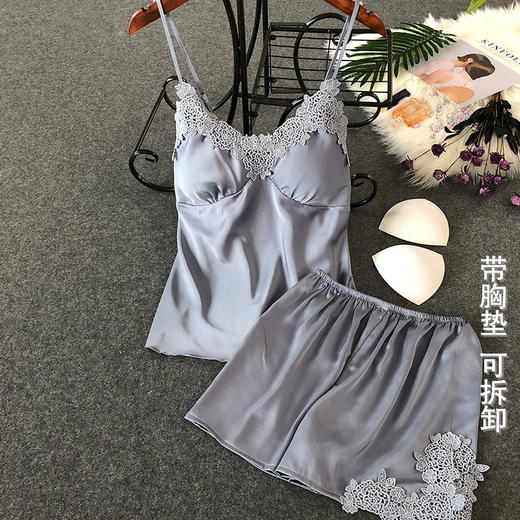 带胸垫睡衣女春秋薄款夏季冰丝性感四件套家居服吊带睡裙睡袍套装 商品图9