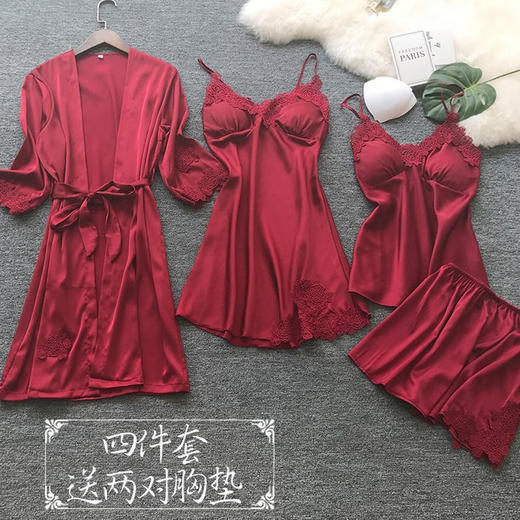 带胸垫睡衣女春秋薄款夏季冰丝性感四件套家居服吊带睡裙睡袍套装 商品图2