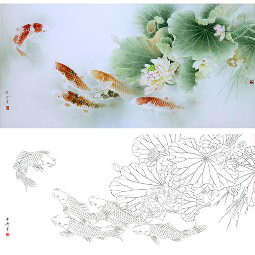 龚雪青横幅工笔花鸟白描底稿-荷花锦鲤-多种白描尺寸可选-XQ64 商品图0