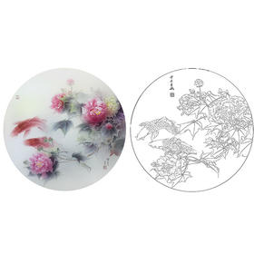 龚雪青工笔花鸟白描底稿-芙蓉花鲤鱼小品-多种白描尺寸可选-XQ08