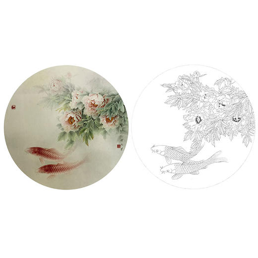 龚雪青工笔花鸟白描底稿-牡丹鲤鱼小品-多种白描尺寸可选-XQ11 商品图0