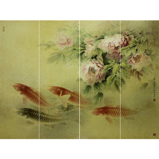 龚雪青工笔花鸟白描底稿-牡丹鱼四条屏《富贵有余》通屏-多种白描尺寸可选-XQ68 商品图0