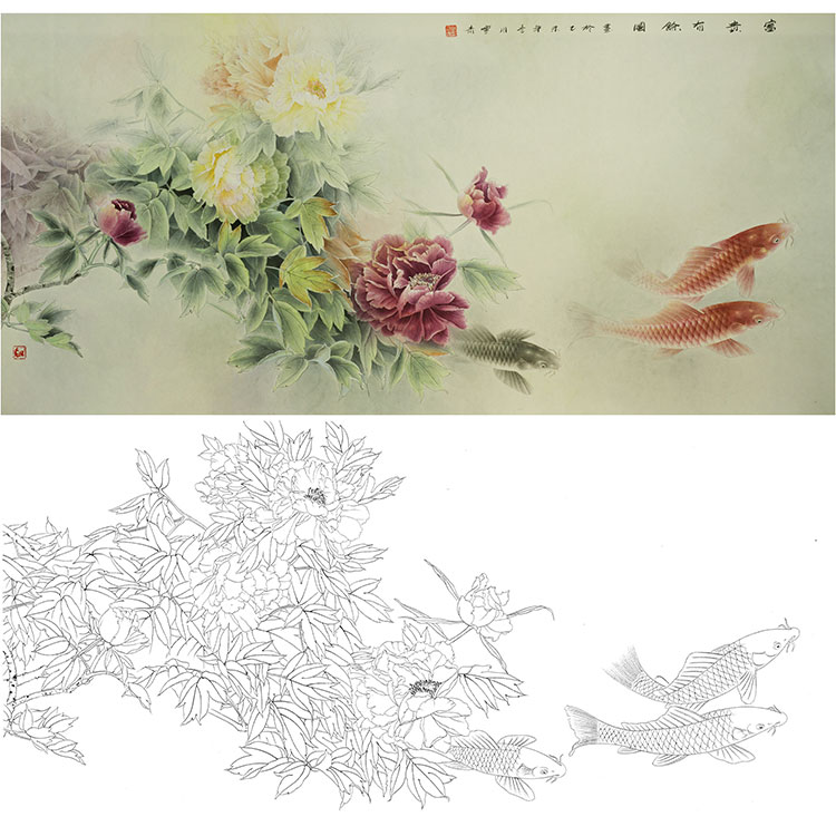 龚雪青横幅工笔花鸟白描底稿-牡丹鲤鱼《富贵有余》-多种白描尺寸可选-XQ67