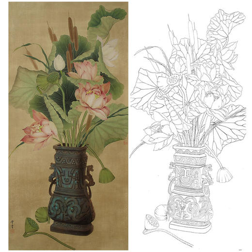 龚雪青竖幅博古花鸟白描底稿-花瓶-《清雅荷香》-多种白描尺寸可选-XQ77 商品图0