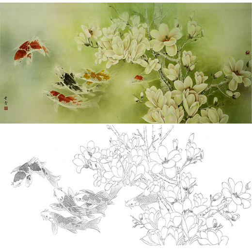 龚雪青横幅工笔花鸟白描底稿-玉兰鲤鱼-《玉堂锦绣》-多种白描尺寸可选-XQ62 商品图0