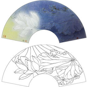 龚雪青花鸟白描底稿-荷花扇面小品-多种白描尺寸可选-XQ20
