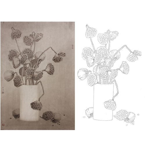 龚雪青竖幅博古花鸟白描底稿-花瓶-《秋实》-多种白描尺寸可选-XQ78 商品图0