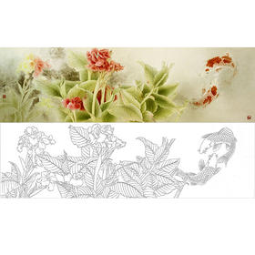 龚雪青横幅工笔花鸟白描底稿-芭蕉 锦鲤-多种白描尺寸可选-XQ63