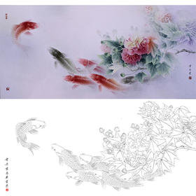 龚雪青横幅工笔花鸟白描底稿《荣华有余》-芙蓉鲤鱼-多种白描尺寸可选-XQ66