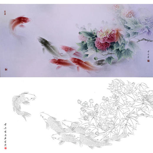 龚雪青横幅工笔花鸟白描底稿《荣华有余》-芙蓉鲤鱼-多种白描尺寸可选-XQ66 商品图0