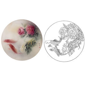 龚雪青工笔花鸟白描底稿-《富贵有余》-牡丹鲤鱼小品-多种白描尺寸可选-XQ09