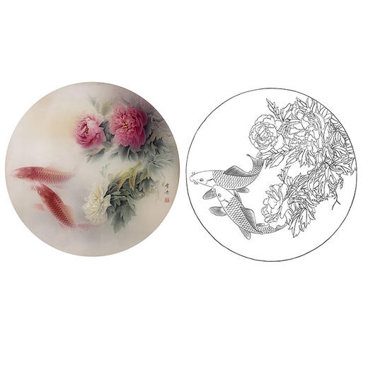龚雪青工笔花鸟白描底稿-《富贵有余》-牡丹鲤鱼小品-多种白描尺寸可选-XQ09 商品图0