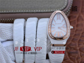 BV宝格丽SERPENTI系列白色陶瓷与黑陶瓷腕表以精美蛇形向众人展现时尚奢华之美。表圈处镶嵌切割美钻，精美奢华