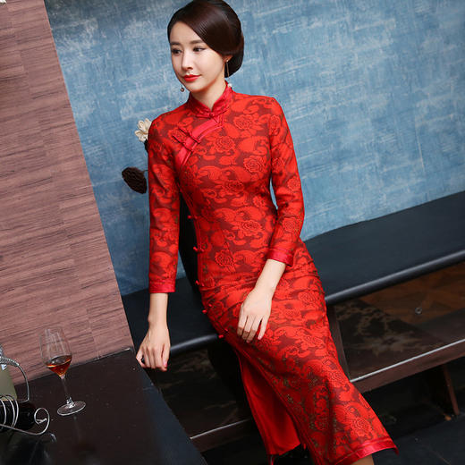 SBH-9001新品长袖礼服复古一字扣长款旗袍裙 商品图0