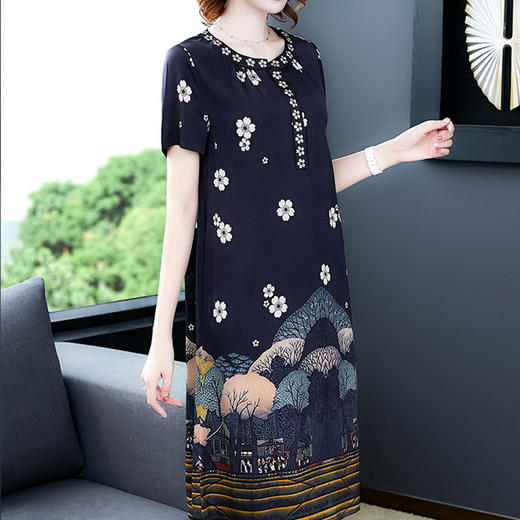 NYF-85456新款圆领印花莨绸纱香云纱连衣裙 商品图3