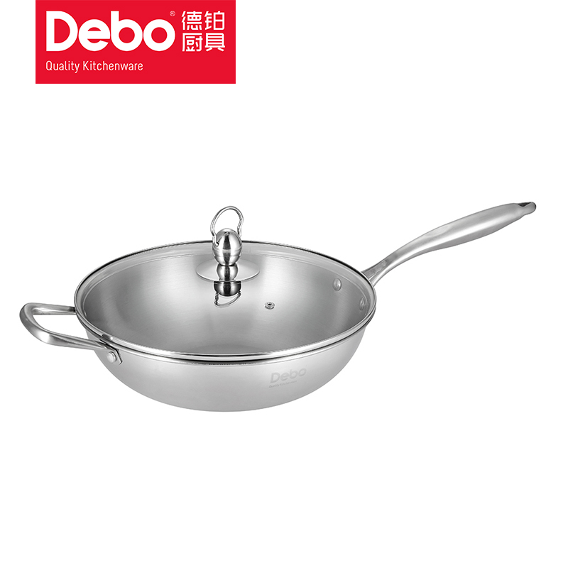 Debo 德铂贝沃恩炒锅炒菜锅32cm不锈钢厚底无涂层明火电磁炉通用可视锅盖 复底