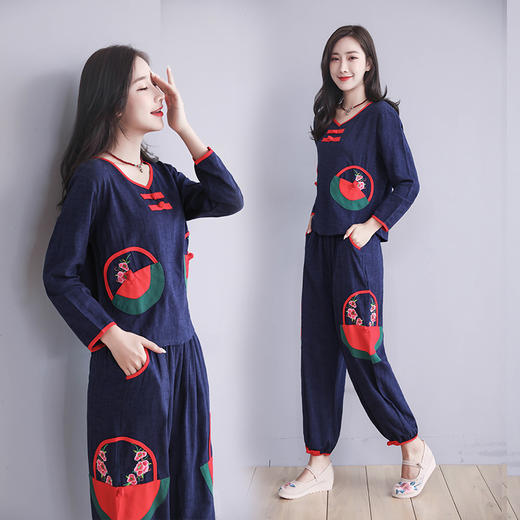 F-E6627新款大码民族风棉麻绣花长袖上衣+裤子两件套TZW 商品图1
