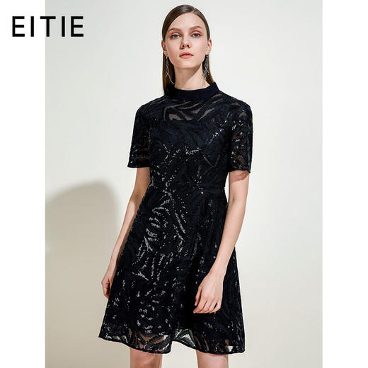 EITIE爱特爱女装夏季新品亮片黑色薄纱透视修身礼服连衣裙5977618 商品图0
