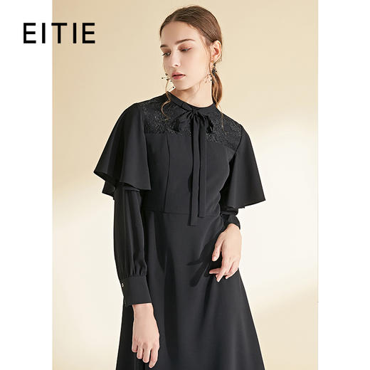 EITIE爱特爱女装春秋季新款黑色长袖荷叶边系带时尚连衣裙C1907356 商品图0