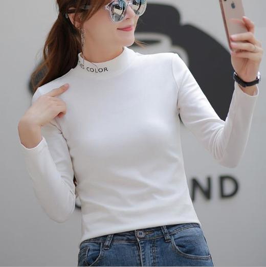 【打底衫女】.时尚半高领修身休闲白色印花长袖t恤女装上衣 商品图0